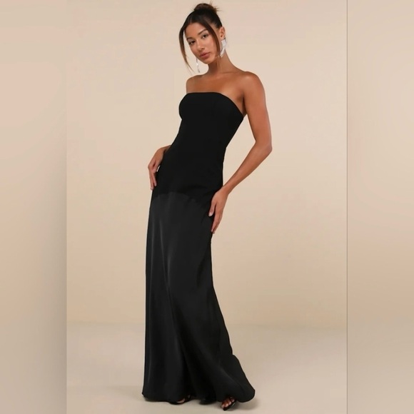 NWT - Lulus Compelling Elaris Mixed Media Black Strapless A-Line Maxi Dress - Picture 2 of 9